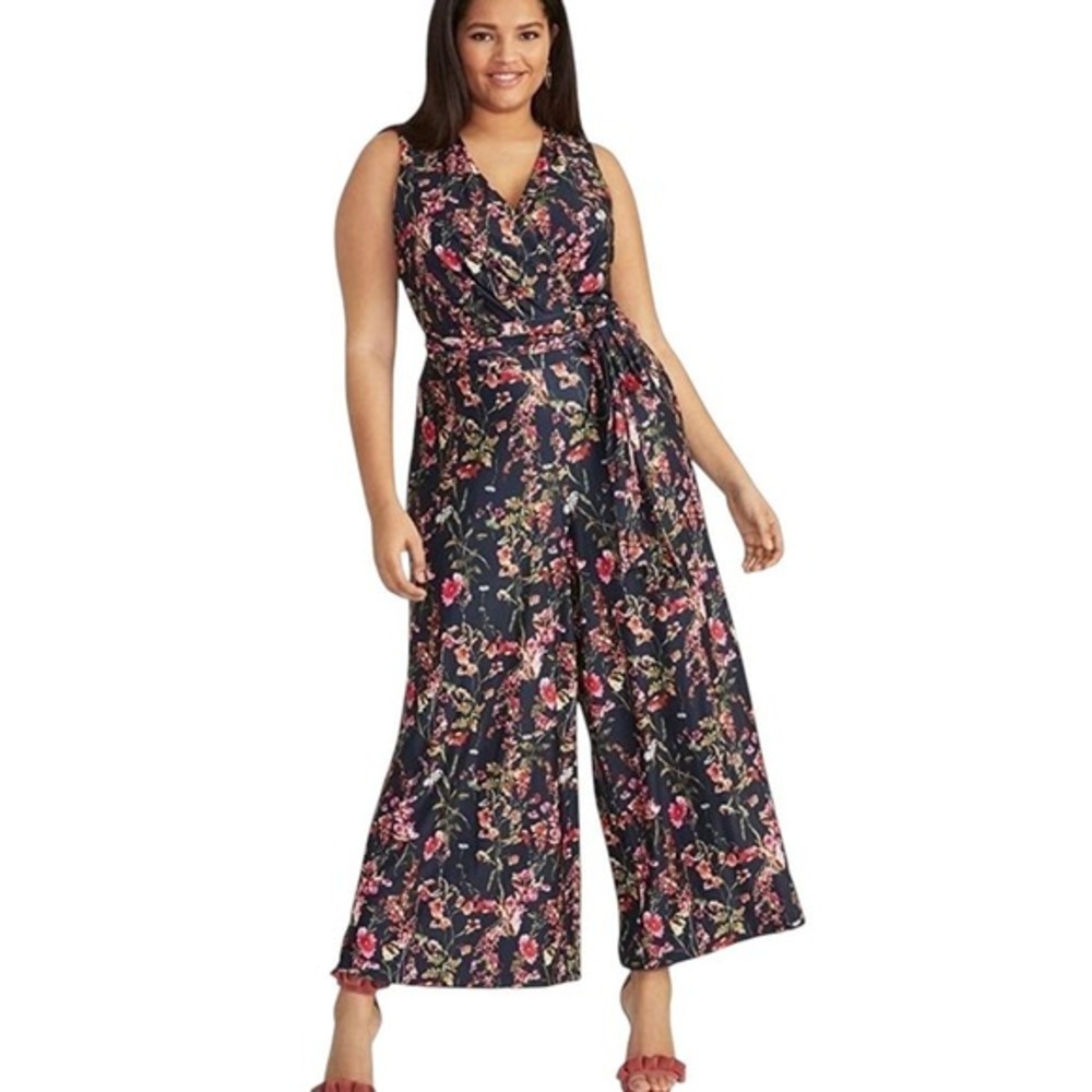 Rachel Roy Floral Print Surplice Sleeveless Jumpsuit Wide Leg Party Casual 3X